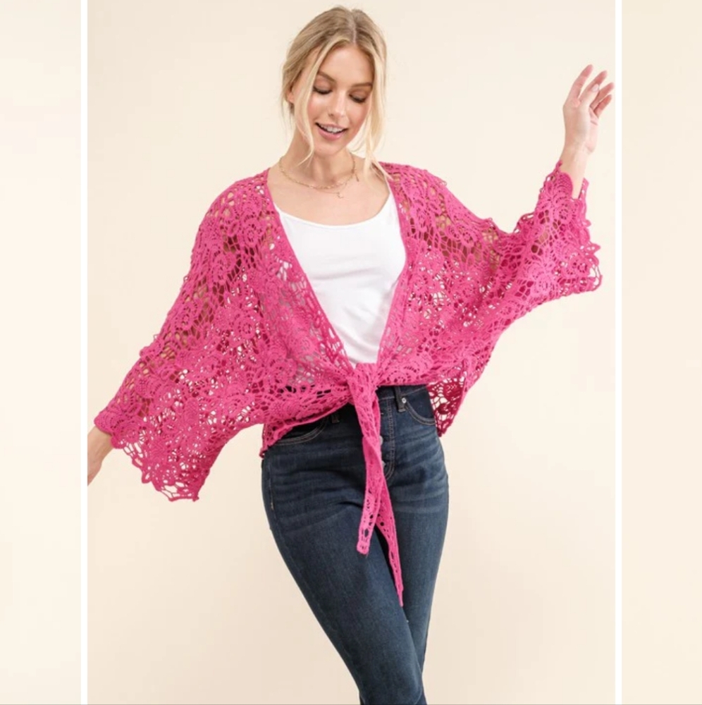 Pink Crochet Tie Front Cardigan Layering - Picture 5 of 6